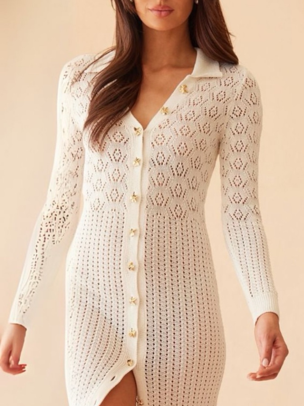 GENERATION LOVE Eleni Pointelle Knit Dress White L Gold Button Midi Cover Up - Picture 7 of 16